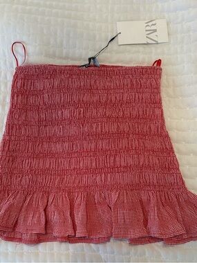 ZARA Red Smocked Mini Skirt with Ruffle Hem